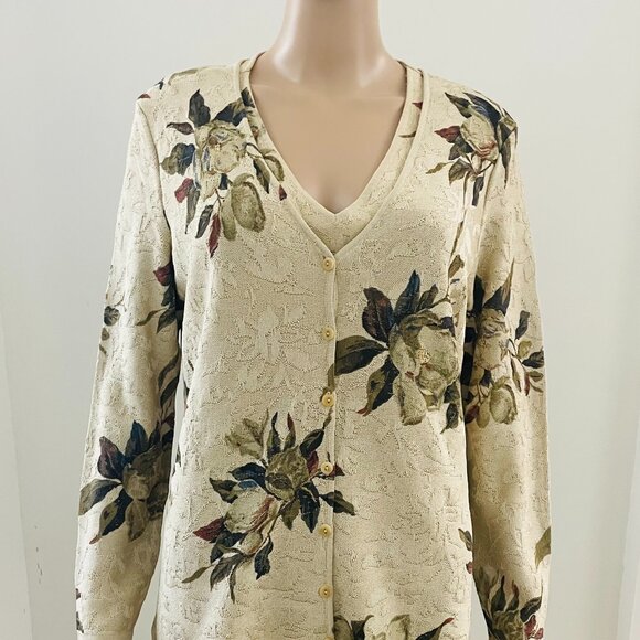 Linda Allard Ellen Tracy 100% Silk Twin Set Beige Floral Sz Large - Picture 1 of 12
